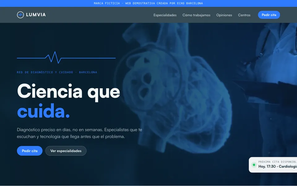 LUMVIA website home page with its headline over a blue holographic heart